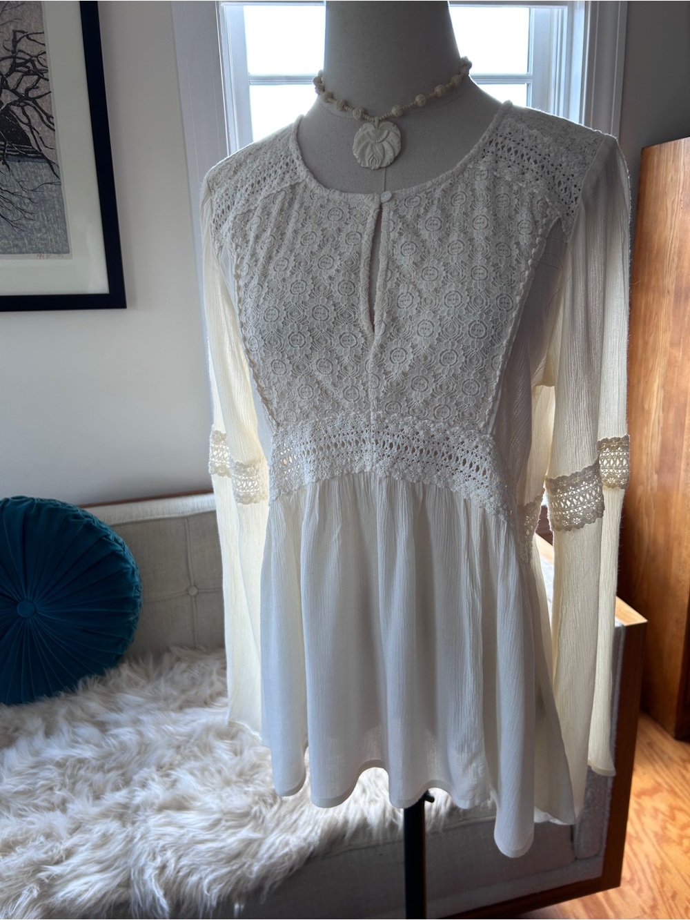 Gauze Peasant Top with Crochet Detail in Cream
